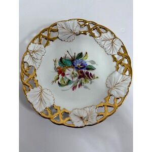 VTG Carl Tielsch Porcelain‎ Plate Floral Gold Gilt Reticulated Edge Hand-Painted